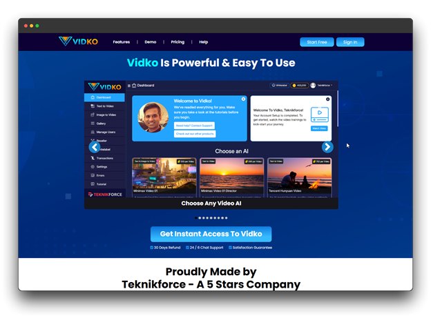 AI Video Generators dashboard for Vidko, showing options like 'Text to Video' and 'Image to Video' for easy AI Video Generation.  Al Video Generators; Trending Al Video Generator; Al Video Generation