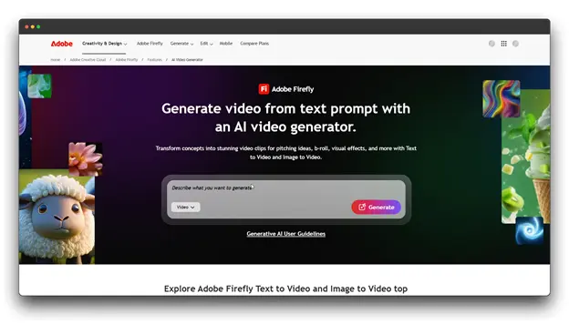 Screenshot of the Adobe Firefly interface, specifically its AI video generator feature. The main prompt is "Generate video from text prompt with an AI video generator," which is a key function of Text-to-Video AI to transform text and images into video clips, thus turning Text into Videos. Keywords: Text-to-Video AI; Text into Videos; AI video generation; Adobe Firefly; Text-to-Video Prompt; Generative AI