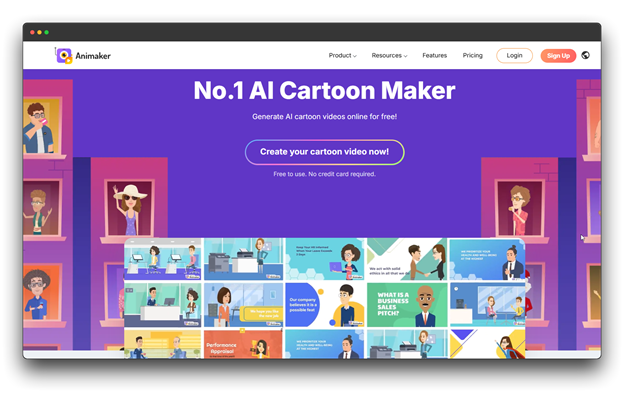 Animaker homepage promoting itself as the 'No.1 AI Cartoon Maker' for generating AI cartoon videos, a type of AI Video Generator for animated AI Video Generation.  Al Video Generators; Trending Al Video Generator; Al Video Generation