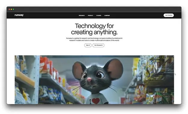 Screenshot of Runway website, with the headline 'Technology for creating anything' and a whimsical animated mouse, representing its role in Generative AI Video Tools for creative video creation."