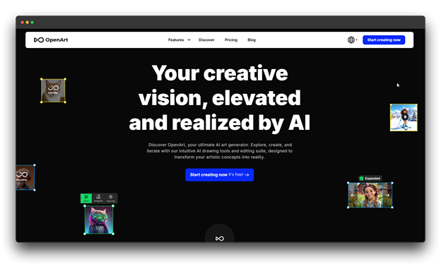 OpenArt homepage for AI art generation, which can also be used as a step in the AI Video Generation process, though not a core AI Video Generator.