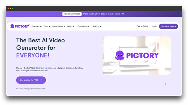 Screenshot of the Pictory website, an AI Video Generator, featuring the slogan "The Best AI Video Generator for EVERYONE!" It emphasizes the ability to turn text, URLs, or images into videos in minutes, highlighting its function as a Text-to-Video AI tool to instantly transform Text into Videos. Keywords: Text-to-Video AI; Text into Videos; AI video generation; Pictory; AI Video Generator