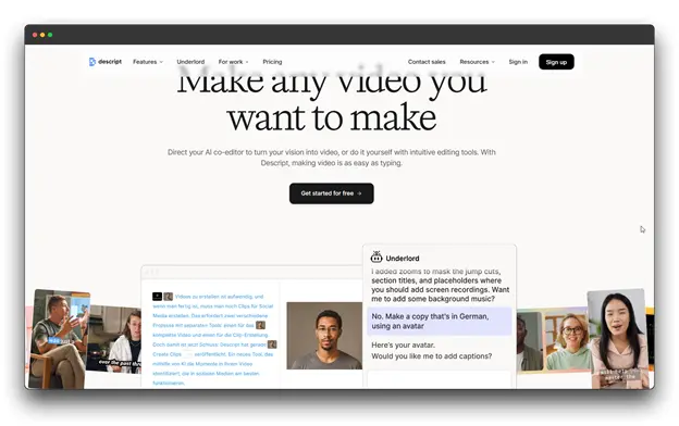 Screenshot of Descript website, stating 'Make any video you want to make' and showing collaborative editing features, highlighting it as an AI video tool simplifying video creation."