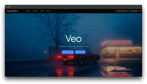 Screenshot of the Google DeepMind Veo webpage, showcasing the title "Veo" and the description "Our state-of-the-art video generation model." The image background is a moody, foggy street scene with a vintage car and neon sign. Veo is a powerful model for AI video generation from text prompts, functioning as a sophisticated Text-to-Video AI to turn Text into Videos. Keywords: Text-to-Video AI; Text into Videos; AI video generation; Google DeepMind Veo; Video Generation Model