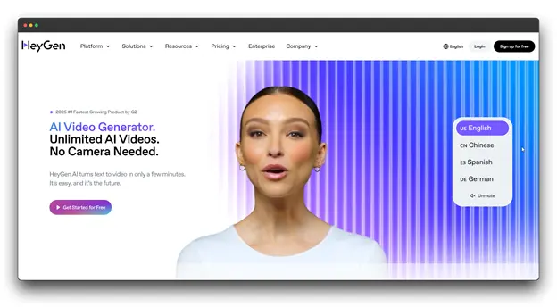 Screenshot of HeyGen website, an 'AI Video Generator' for 'Unlimited AI Videos. No Camera Needed.' showing a diverse AI avatar, emphasizing its ease of use as an AI video tool for video creation across multiple languages."
