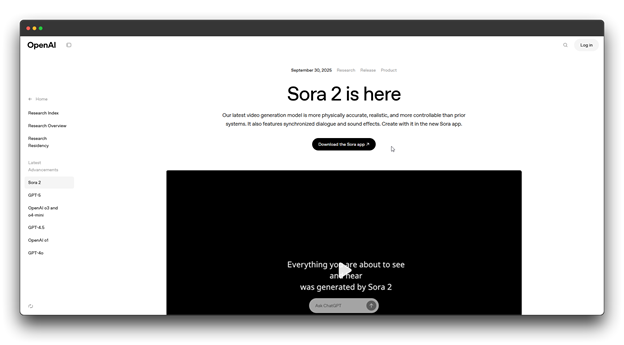 Screenshot of the OpenAI Sora 2 announcement page, with the headline "Sora 2 is here." The text mentions it is their latest video generation model, which is more physically accurate, realistic, and controllable. Sora 2 is a state-of-the-art Text-to-Video AI system for advanced AI video generation by turning Text into Videos. Keywords: Text-to-Video AI; Text into Videos; AI video generation; OpenAI Sora 2; Video Generation Model; Realistic Video
