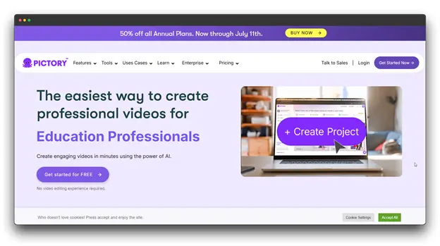 Screenshot of Pictory website, promoting 'The easiest way to create professional videos for Education Professionals' with a laptop displaying 'Create Project', an example of Generative AI Video Tools for video creation."