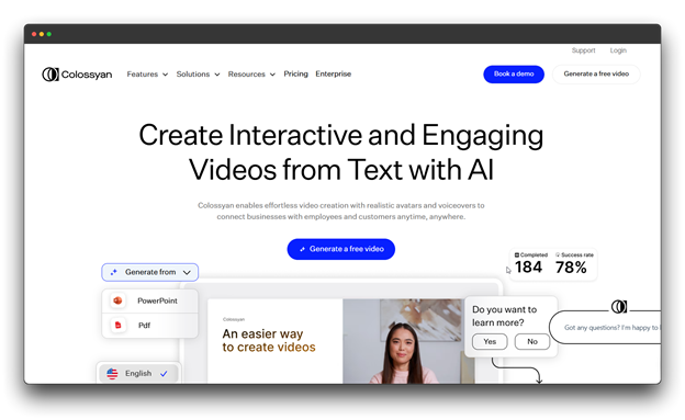 Colossyan homepage for creating interactive videos from text with AI, featuring realistic avatars, a cutting-edge AI Video Generator for advanced AI Video Generation.
