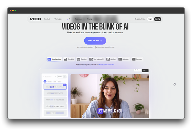 VEED homepage promoting 'VIDEOS IN THE BLINK OF AI' with features like Text to Video AI and AI Avatars, positioning it as a Trending AI Video Generator for fast AI Video Generation.