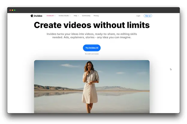 Screenshot of InVideo AI website, showcasing 'Create videos without limits' with a woman standing in water, highlighting its use as an AI video tools for ai video creation.