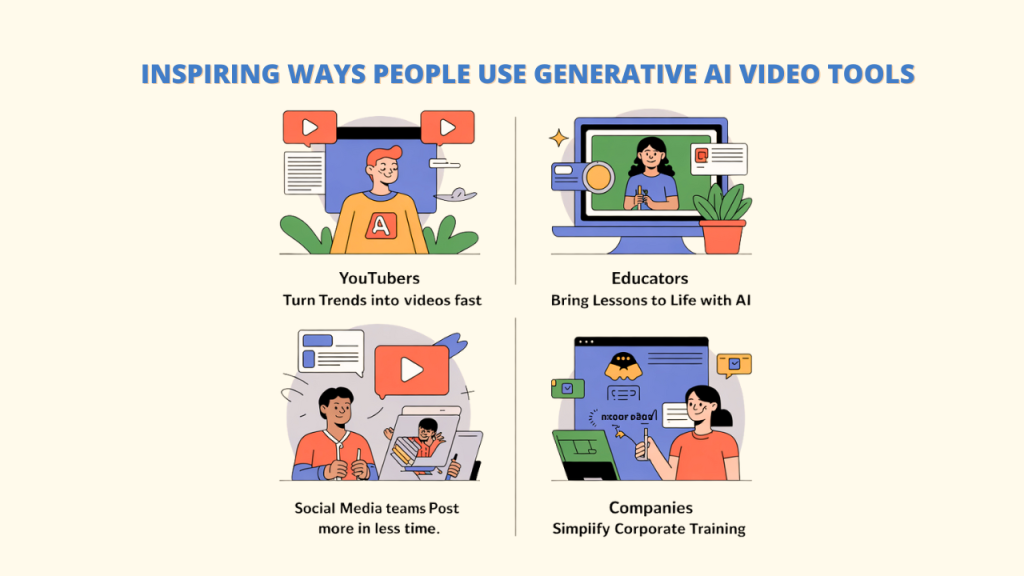 Infographic highlighting benefits of Generative AI Video Tools: faster video creation, lower production costs, avatar AI voiceovers & animations, and creative flexibility & scalability for video creation