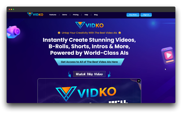 Screenshot of the VIDKO website homepage, stating "Instantly Create Stunning Videos, B-Rolls, Shorts, Intros & More, Powered by World-Class AIs." This platform is positioned as a comprehensive Text-to-Video AI solution for fast AI video generation, making it easy to turn Text into Videos. Keywords: Text-to-Video AI; Text into Videos; AI video generation; VIDKO; Video Creation; B-Rolls