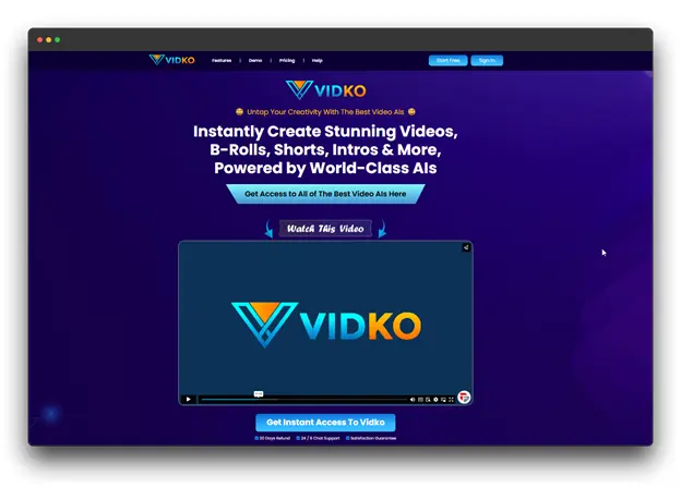 Screenshot of Vidko website, stating 'Instantly Create Stunning Videos, B-Rolls, Shorts, Intros & More, Powered by World-Class AIs', with a video player, positioning it as a powerful Generative AI Video Tool for diverse video creation needs