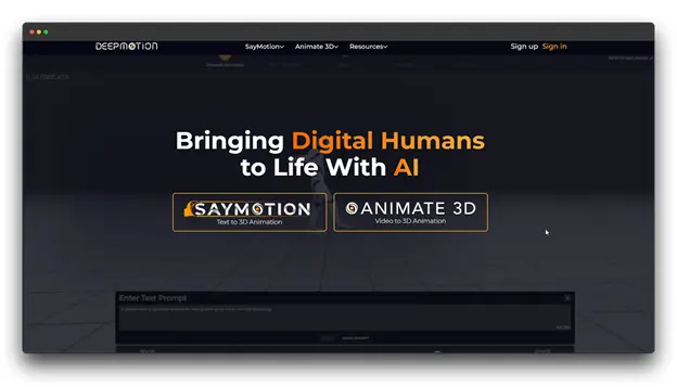 Screenshot of DeepMotion website, featuring 'Bringing Digital Humans to Life With AI video tools' with options for 'SayMotion (Text to 3D Animation)' and 'Animate 3D (Video to 3D Animation)', illustrating advanced AI video tools for animation and video creation."