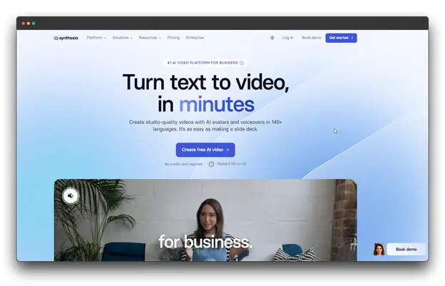 Screenshot of Synthesia website, an '#1 AI VIDEO PLATFORM FOR BUSINESS' that can 'Turn text to video, in minutes' with AI avatars and voiceovers in 140+ languages, showcasing its capabilities as a Generative AI Video Tool for business video creation."