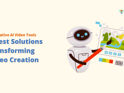 A friendly robot with a paintbrush creating a video on a tablet, with text 'Generative AI Video Tools: 8 Best Solutions Transforming Video Creation' and the Vidko logo."