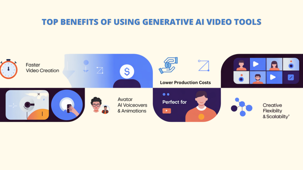 Infographic highlighting benefits of Generative AI Video Tools: faster video creation, lower production costs, avatar AI voiceovers & animations, and creative flexibility & scalability for video creation.