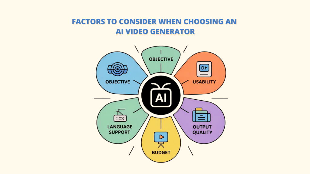 Four panels illustrating users of AI video tools: YouTubers creating videos from trends, educators bringing lessons to life, social media teams posting efficiently, and companies simplifying corporate training, all benefiting from Generative AI Video Tools.