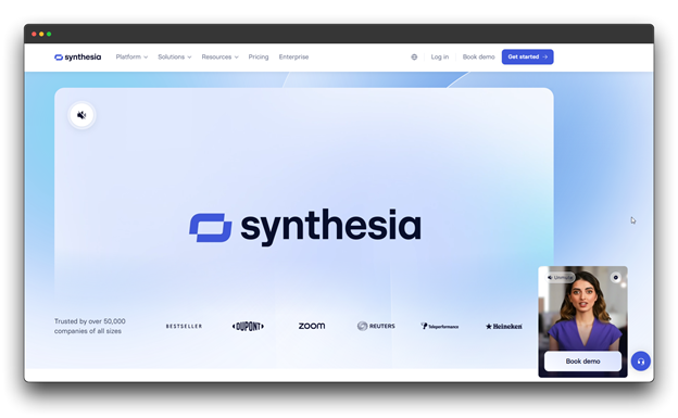 Synthesia homepage promoting its service for creating professional videos with an AI Video Generator and digital avatar, a Trending AI Video Generator solution. Al Video Generators; Trending Al Video Generator; Al Video Generation