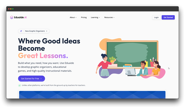 Eduaide.AI homepage for creating instructional materials and great lessons, not primarily an AI Video Generator, but offering tools for AI Video Generation.Al Video Generators; Trending Al Video Generator; Al Video Generation
