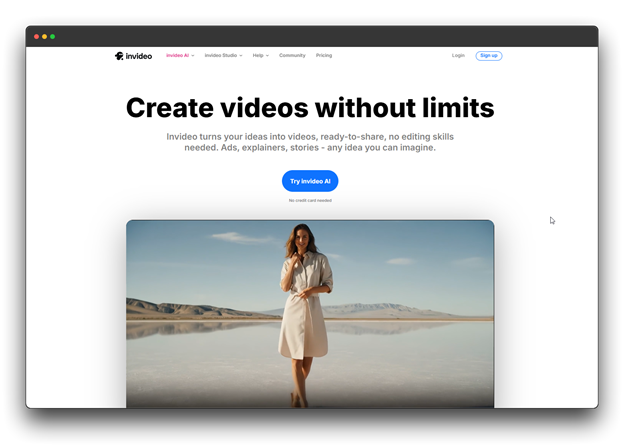 InVideo AI homepage with a realistic video of a woman in a desert, highlighting the platform as a Trending AI Video Generator that creates videos without limits using AI Video Generation.