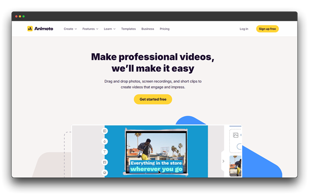 Animoto homepage for making professional videos easily, emphasizing drag-and-drop creation, and a tool in the realm of video making that competes with AI Video Generators. Al Video Generators; Trending Al Video Generator; Al Video Generation