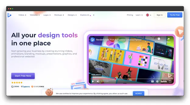 Screenshot of the Renderforest website, a platform for design tools. The main message is "All your design tools in one place," offering stunning videos, animations, and branding. This tool supports AI video generation and can be used as a Text-to-Video AI solution to instantly turn Text into Videos. Keywords: Text-to-Video AI; Text into Videos; AI video generation; Renderforest; Design Tools; Video Maker