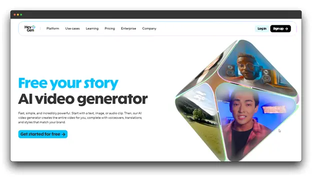 Screenshot of the HeyGen website, an AI video generator featuring the headline "Free your story." It emphasizes starting with text, image, or audio to create the entire video, complete with voiceovers and translations. This tool is a powerful Text-to-Video AI solution used to instantly turn Text into Videos with virtual avatars. Keywords: Text-to-Video AI; Text into Videos; AI video generation; HeyGen; AI Avatar; Voiceovers