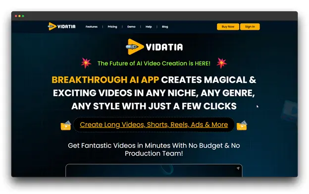 Screenshot of the VIDATIA website, promoting itself as "The Future of AI Video Creation" and a "BREAKTHROUGH AI APP" that creates videos in any niche and style with just a few clicks. The tool supports the creation of Long Videos, Shorts, Reels, and Ads, highlighting its function as a powerful Text-to-Video AI solution for instant AI video generation to turn Text into Videos. Keywords: Text-to-Video AI; Text into Videos; AI video generation; VIDATIA; AI Video Creation; Shorts; Reels; Ads